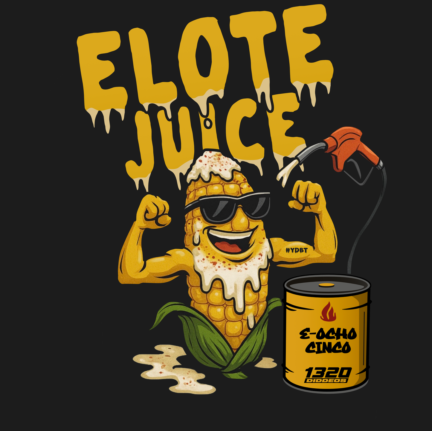 Illustration of a corn character with sunglasses and 'Elote Juice' text on a black background